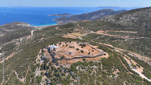 Obraz na płótnie Aerial drone photo of archaeological site of the Mycenaean Citadel and chapel of Agios Andreas built on top of hill overlooking the Aegean sea, Sifnos island, Cyclades, Greece w salonie