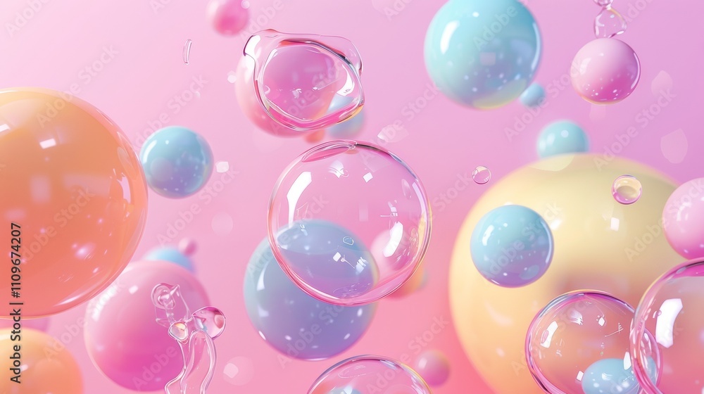 Colorful transparent bubbles floating on pastel background Colorful transparent bubbles floating on pastel background