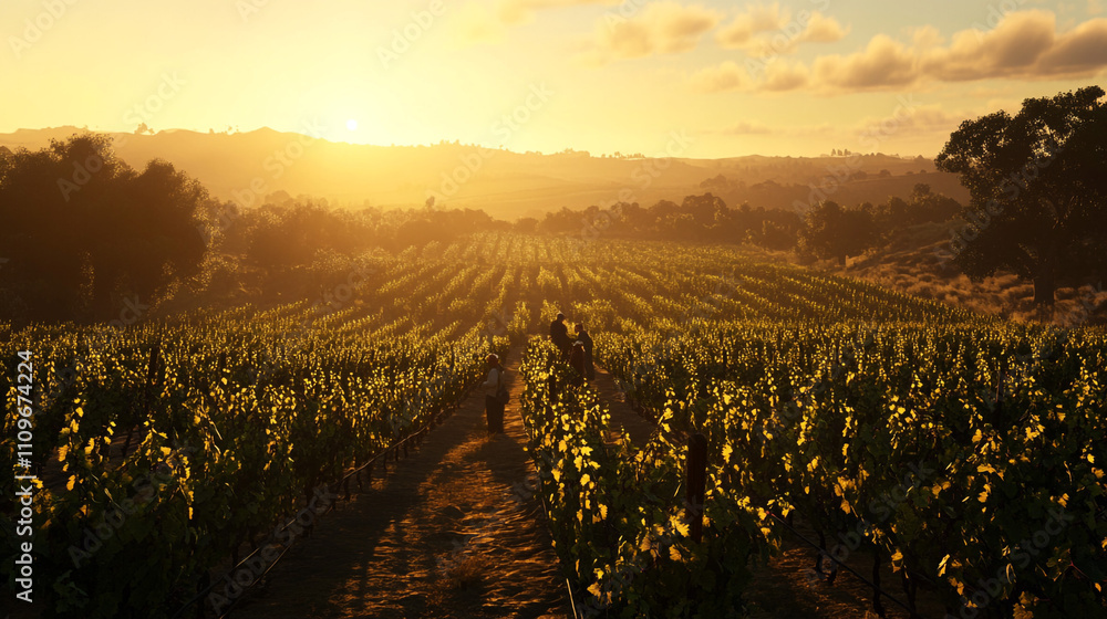 Fototapeta premium Golden Hour Vineyard Sunset Grapes Vines Rural Landscape Agriculture