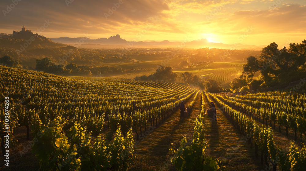 Fototapeta premium Golden Hour Vineyard Sunset Rows of Grapes Rural Landscape Hilltop Castle