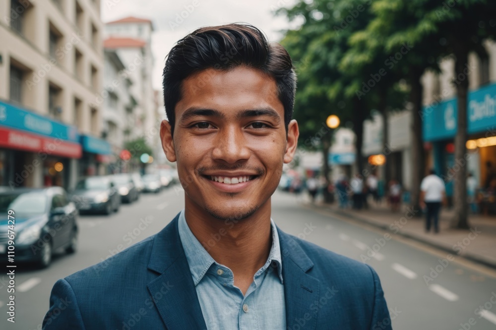Close portrait of a smiling young Tuvaluan businessman looking at the camera, Tuvaluan big city outdoors blurred background Close portrait of a smiling young Tuvaluan businessman looking at the camera, Tuvaluan big city outdoors blurred background
