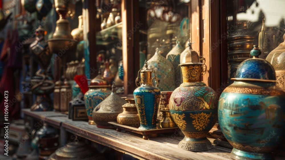 Fototapeta premium Antique vases and ornaments on a market shelf