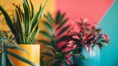 Vibrant indoor plants in colorful pots against a bold background photo