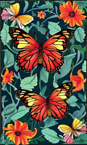 Whimsical butterflies floating through a vibrant garden, showcasing a burst of colors against lush greenery. Great for childrens books, playful designs, greeting cards, print, digital designs.