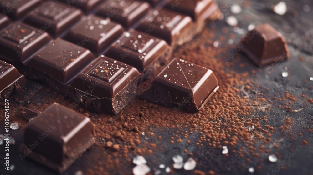 Dark chocolate pieces sprinkled with cocoa powder and sea salt Dark chocolate pieces sprinkled with cocoa powder and sea salt