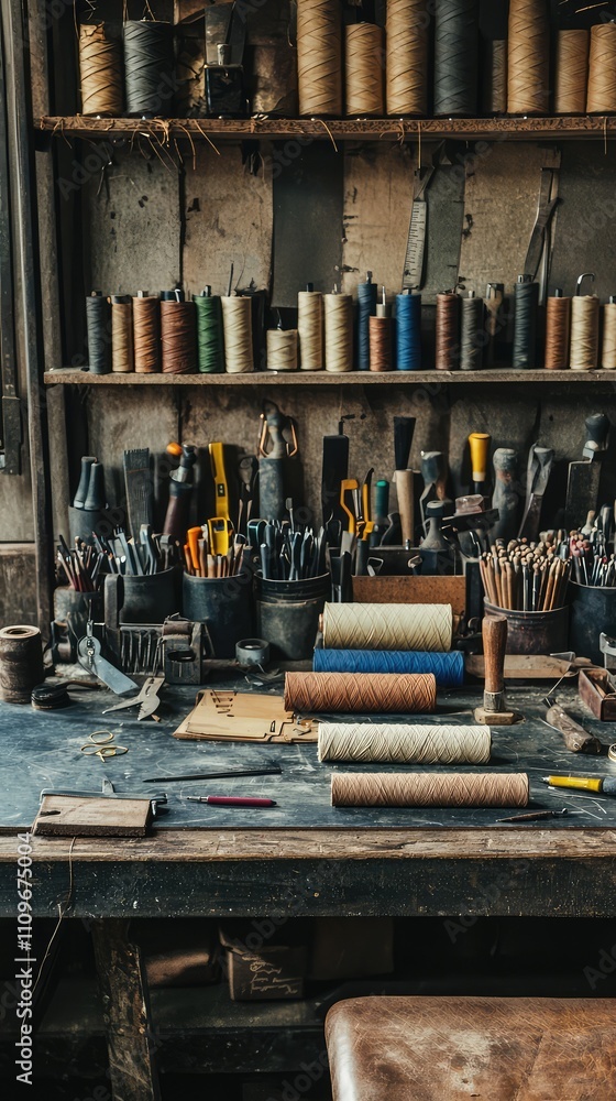 Rustic Workshop Workspace with Various Tools, Threads, and Materials Organized on a Wooden Table Surrounded by Shelves of Craft Supplies and Instruments Rustic Workshop Workspace with Various Tools, Threads, and Materials Organized on a Wooden Table Surrounded by Shelves of Craft Supplies and Instruments