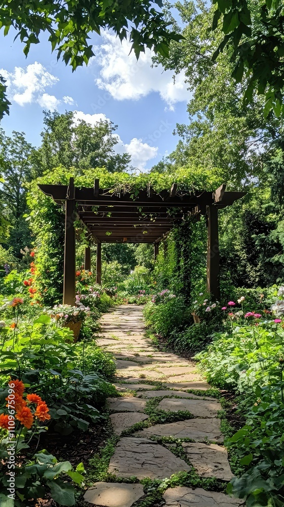 Serene Garden Pathway with Lush Greenery and Vibrant Flowers Under a Blue Sky Featuring a Rustic Wooden Arbor for a Tranquil Escape in Nature Serene Garden Pathway with Lush Greenery and Vibrant Flowers Under a Blue Sky Featuring a Rustic Wooden Arbor for a Tranquil Escape in Nature