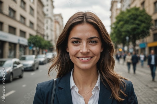 Close portrait of a smiling young Uruguayan businesswoman looking at the camera, Uruguayan big city outdoors blurred background