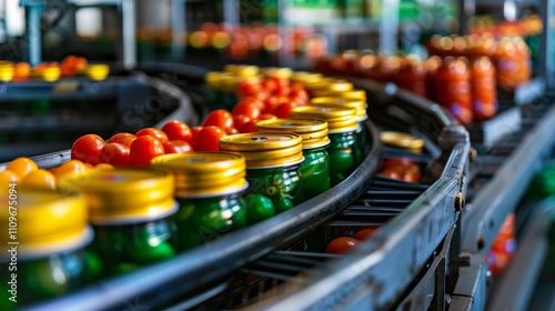 Wallpaper Mural Production line of jars with vibrant produce in a factory setting Torontodigital.ca
