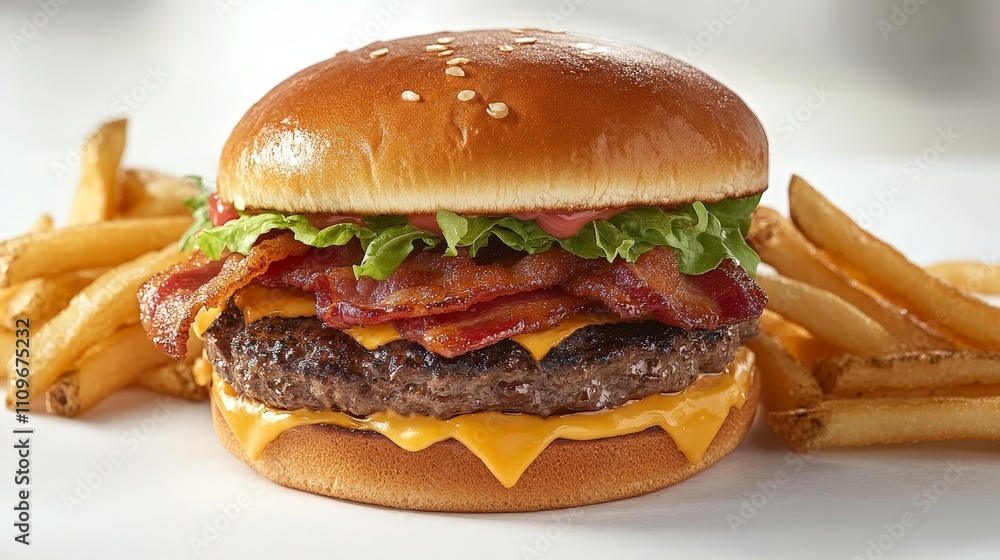 A delicious hamburger with bacon, cheese, and lettuce served with crispy fries. A delicious hamburger with bacon, cheese, and lettuce served with crispy fries.