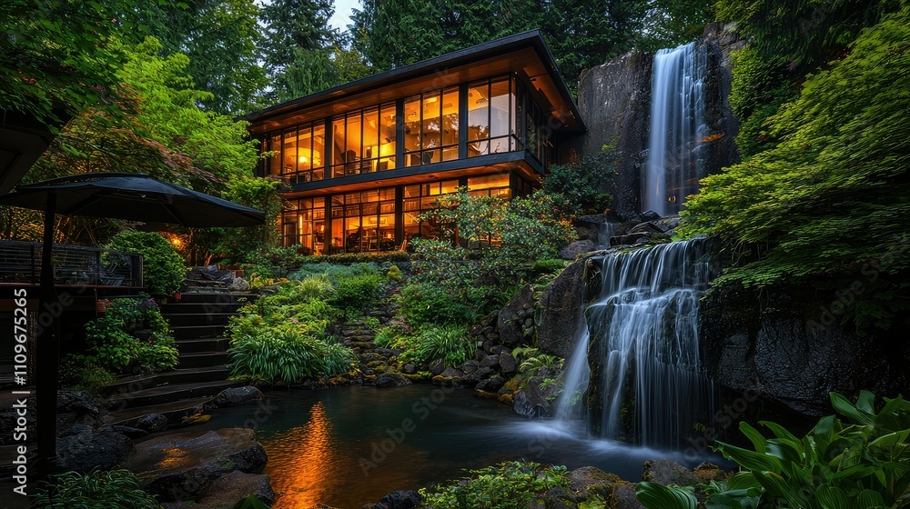 Serene Evening at a Modern Glass House Surrounded by Lush Greenery and a Majestic Waterfall in a Peaceful Garden Setting Serene Evening at a Modern Glass House Surrounded by Lush Greenery and a Majestic Waterfall in a Peaceful Garden Setting