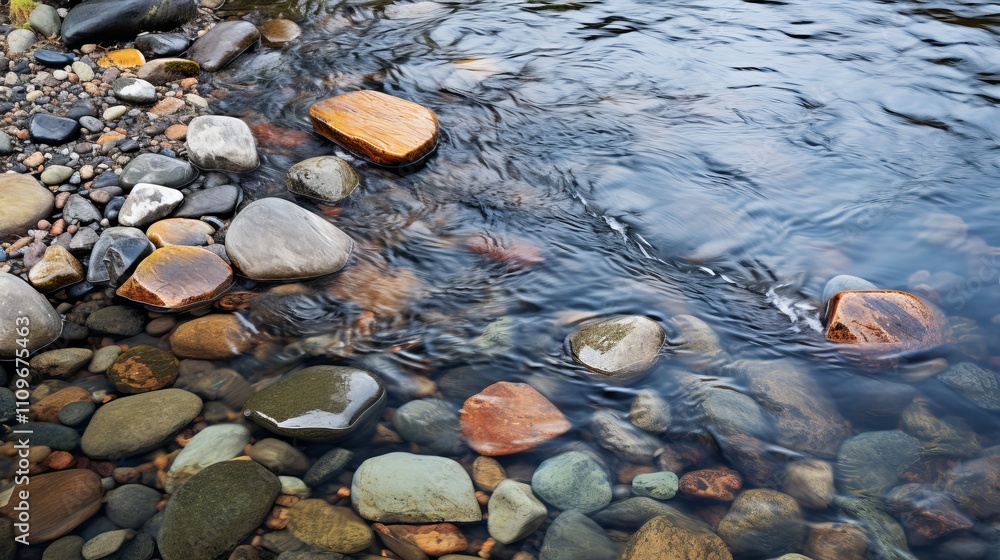 Obraz premium Smooth stones glisten under the gentle current of a serene river. Generative AI