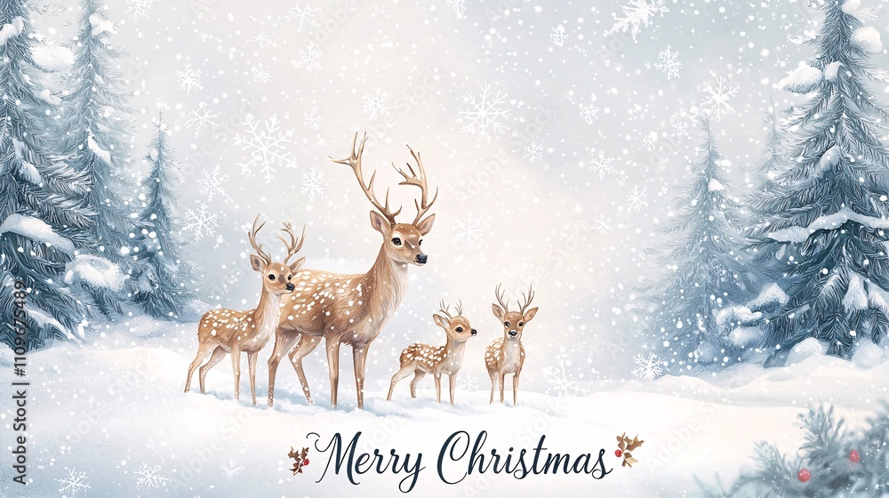 A family of deer in the snow, surrounded by pine trees and falling snowflakes, with A family of deer in the snow, surrounded by pine trees and falling snowflakes, with