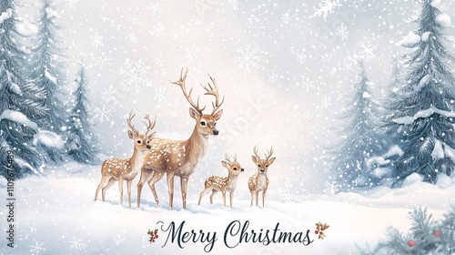 A family of deer in the snow, surrounded by pine trees and falling snowflakes, with 