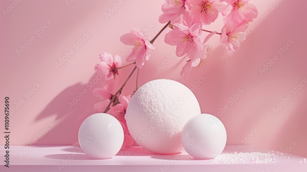 Delicate bath bombs and cherry blossoms on pastel background