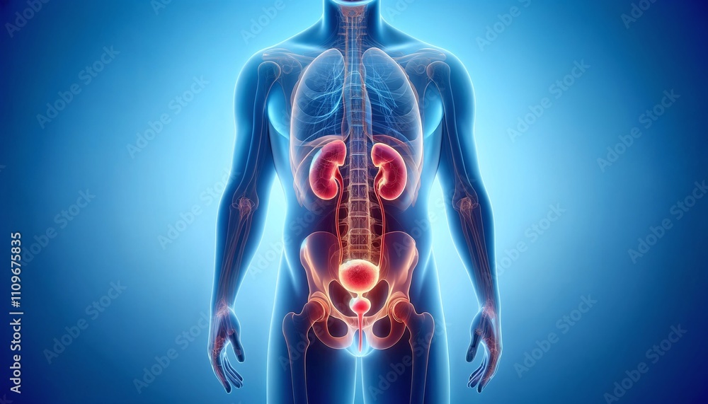 Detailed 3D illustration of the human urinary system with highlighted kidneys and urinary tract on a glowing blue background. Detailed 3D illustration of the human urinary system with highlighted kidneys and urinary tract on a glowing blue background.
