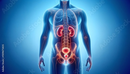 Detailed 3D illustration of the human urinary system with highlighted kidneys and urinary tract on a glowing blue background. photo