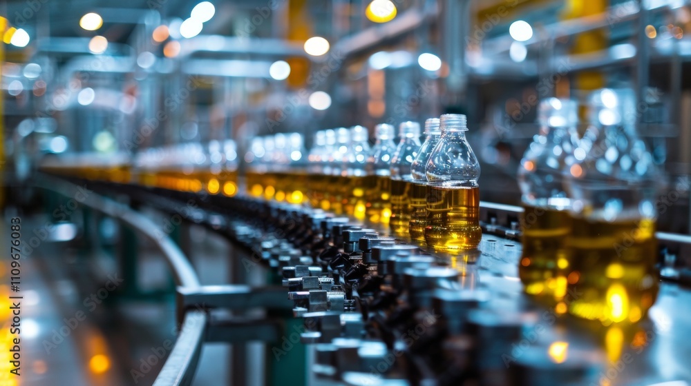 Production line with bottles of oil in a factory Production line with bottles of oil in a factory