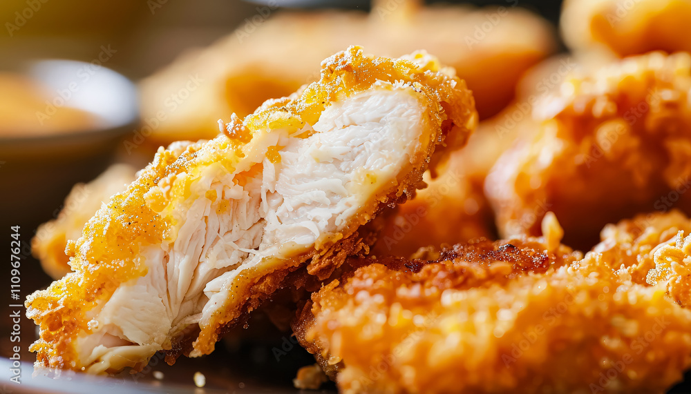 Piece of fried chicken is cut in half, revealing its crispy, golden exterior. Concept of indulgence and satisfaction, as the viewer can almost taste the deliciousness of the fried chicken Piece of fried chicken is cut in half, revealing its crispy, golden exterior. Concept of indulgence and satisfaction, as the viewer can almost taste the deliciousness of the fried chicken