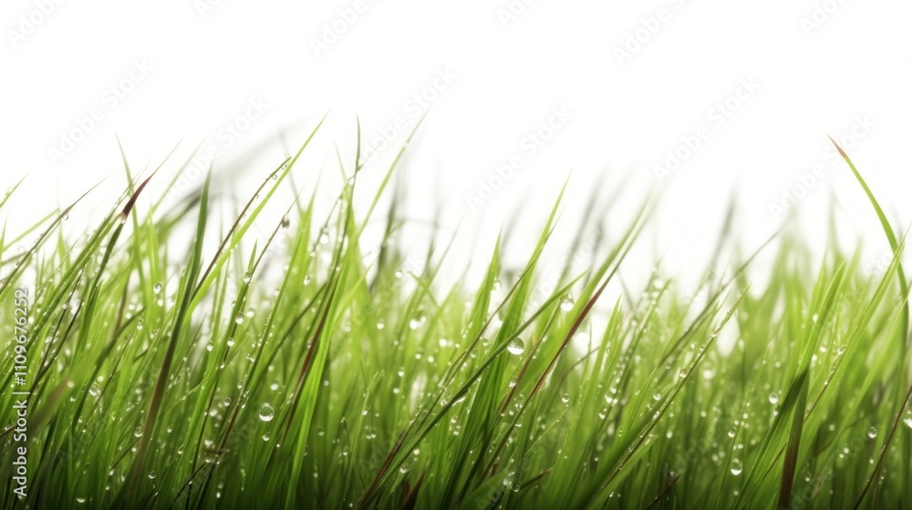 Fototapeta premium Dew-Kissed Grass Blades: A Vibrant Macro Photography
