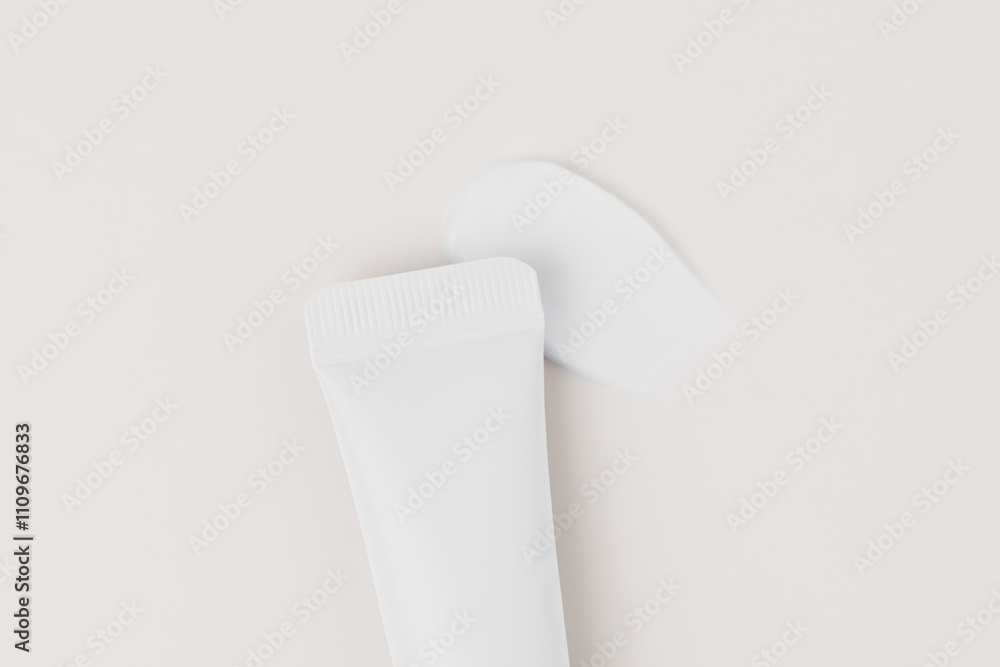 Close-up top view of white mockup tube of face cream with smear applied on beige isolated background. Concept of beauty products, moisturizing and skin care under eyes, wrinkle reduction. Close-up top view of white mockup tube of face cream with smear applied on beige isolated background. Concept of beauty products, moisturizing and skin care under eyes, wrinkle reduction.