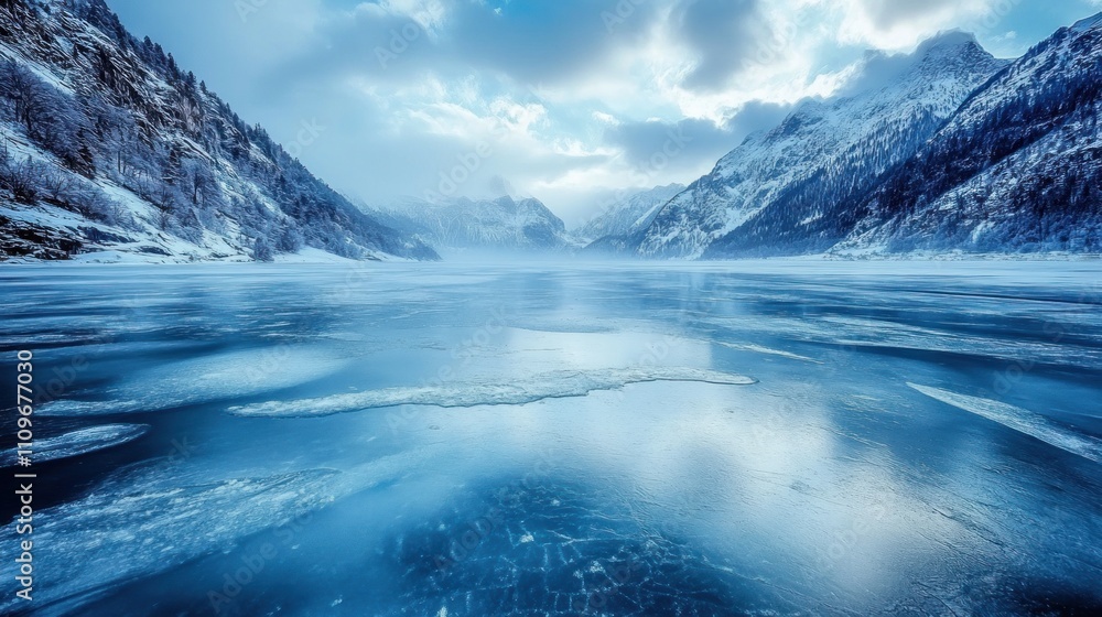 Serene Ice-Covered Lake Surrounded by Snowy Mountains Under a Cloudy Sky in a Winter Wonderland Landscape Serene Ice-Covered Lake Surrounded by Snowy Mountains Under a Cloudy Sky in a Winter Wonderland Landscape