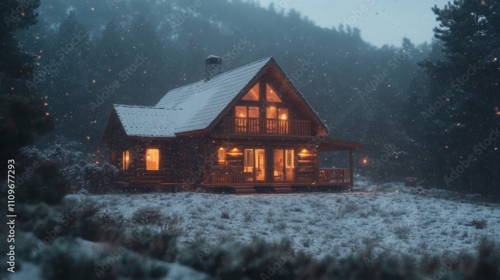 A cozy cabin nestled in a snowy winter forest. A cozy cabin nestled in a snowy winter forest.