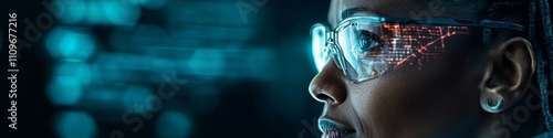 Female Black scientist wearing smart glasses, focused on digital data analysis in a futuristic lab, perfect for cover banner or header