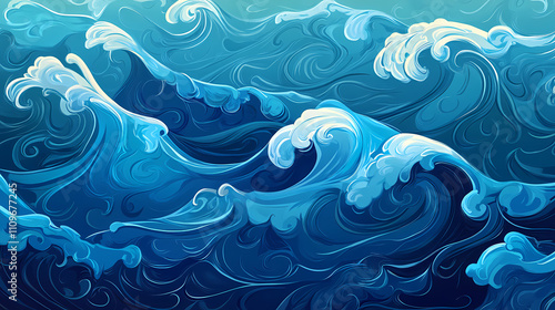 Ocean waves fluid swirling patterns with varying shades of blue. Obscure. Illustration