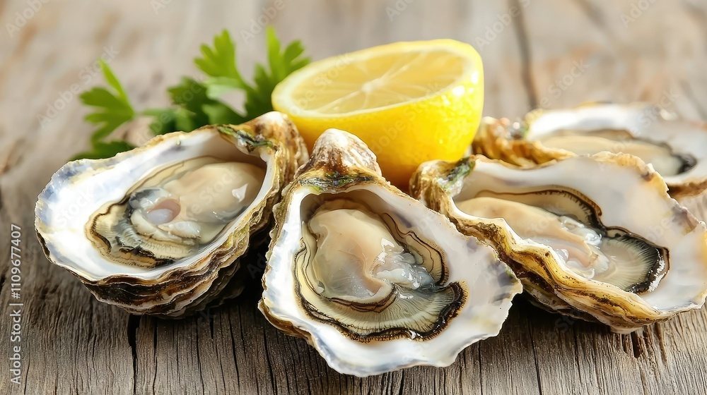 Fresh and Delicious Oysters on a Wooden Table with Lemon Slices and Green Garnish for a Gourmet Seafood Experience Fresh and Delicious Oysters on a Wooden Table with Lemon Slices and Green Garnish for a Gourmet Seafood Experience