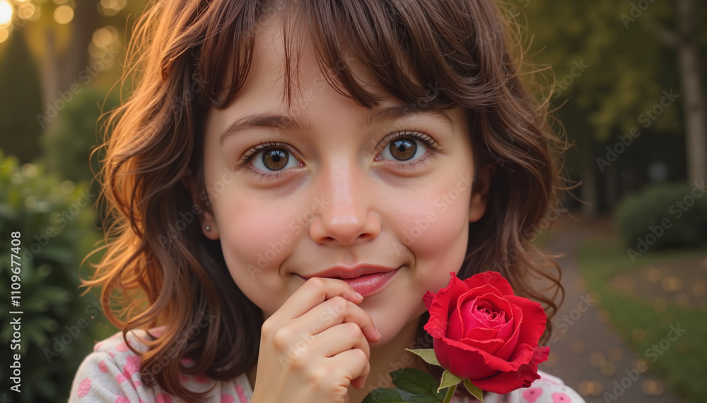 Adorable girl holding a red rose, smiling sweetly with a thoughtful expression in a garden Adorable girl holding a red rose, smiling sweetly with a thoughtful expression in a garden