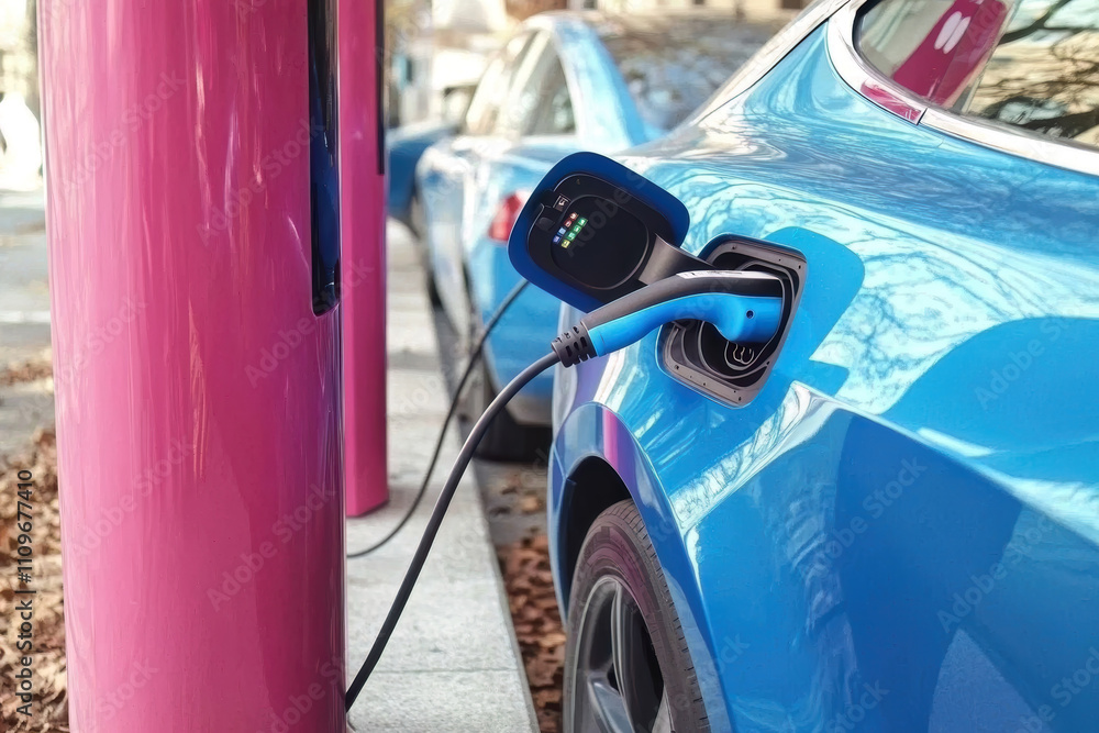 The blue electric car is being charged The blue electric car is being charged