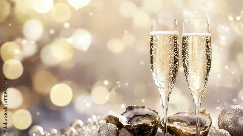 Elegant champagne flutes with sparkling bubbles and fresh oysters on a festive table, surrounded by soft bokeh lights for a luxurious celebration atmosphere Elegant champagne flutes with sparkling bubbles and fresh oysters on a festive table, surrounded by soft bokeh lights for a luxurious celebration atmosphere