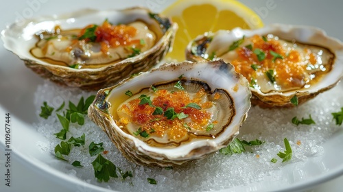 Delicious Fresh Oysters on a White Plate with Lemon Wedge and Garnish of Chopped Herbs and Caviar Served on a Bed of Sea Salt for a Gourmet Seafood Experience