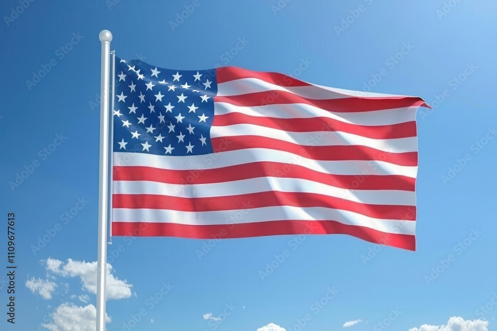 National waving flag of united states on pole against blue cloudless sky in daylight National waving flag of united states on pole against blue cloudless sky in daylight