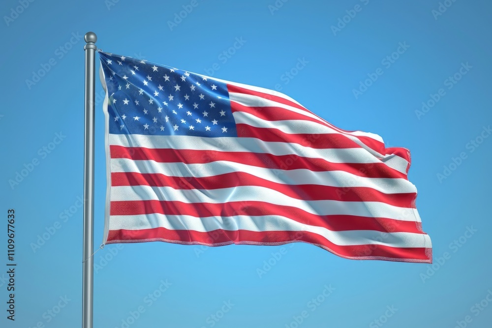 Fototapeta premium National waving flag of united states on pole against blue cloudless sky in daylight