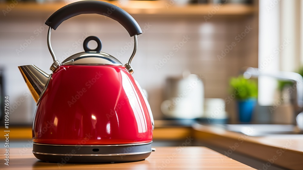 Bright red kettle sparkling on a wooden kitchen countertop filled with light. Generative AI Bright red kettle sparkling on a wooden kitchen countertop filled with light. Generative AI