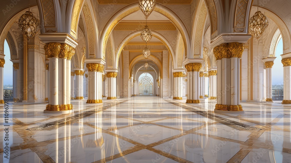 Majestic interior view of a luxurious palace with elegant arches, dazzling chandeliers, and polished marble floors reflecting the ornate architecture and golden accents of grandeur Majestic interior view of a luxurious palace with elegant arches, dazzling chandeliers, and polished marble floors reflecting the ornate architecture and golden accents of grandeur