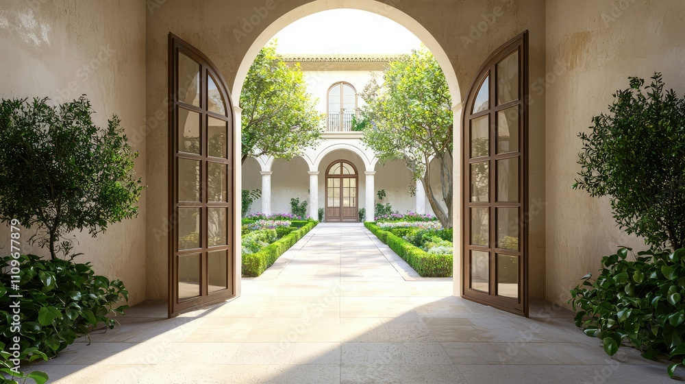 Serene Architectural Courtyard View with Lush Greenery and Elegant Arched Doorway Illuminated by Soft Natural Light Serene Architectural Courtyard View with Lush Greenery and Elegant Arched Doorway Illuminated by Soft Natural Light