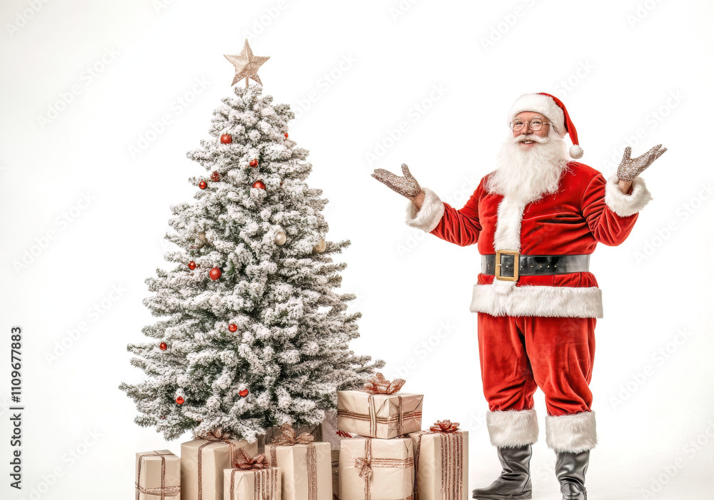 Fototapeta premium Santa Claus carries a large green gift box with a red ribbon on a white background