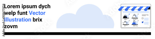 Online storefront with shopping cart icons, dummy text, and blue cloud. Ideal for e-commerce, digital marketing, web design, internet shopping, online services technology management. Landing page