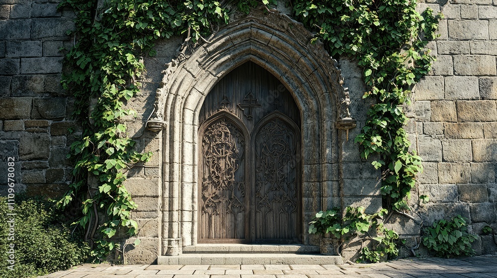 Intricate Medieval Doorway Framed by Lush Green Ivy on a Rustic Stone Wall, Evoking a Sense of Mystery and Historical Charm in an Enchanting Setting Intricate Medieval Doorway Framed by Lush Green Ivy on a Rustic Stone Wall, Evoking a Sense of Mystery and Historical Charm in an Enchanting Setting