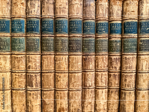 Antique Books on a wooden shelf. Old vintage books on wooden shelf. Tiled Bookshelf background. Concept on the theme of history, nostalgia, old age. Retro style. leather covered books photo