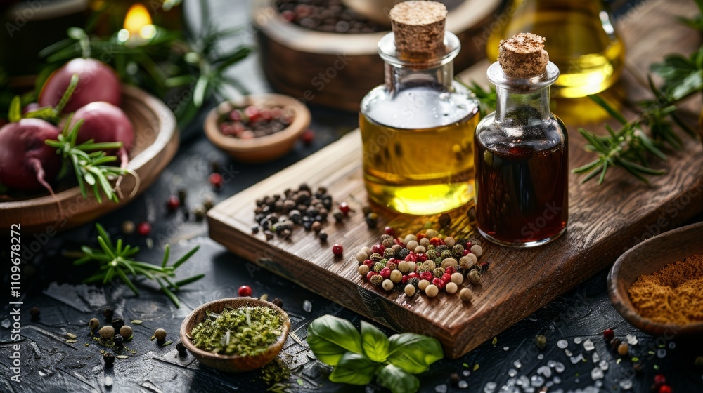 Rustic wooden board with spices, herbs, and bottles of oil Rustic wooden board with spices, herbs, and bottles of oil