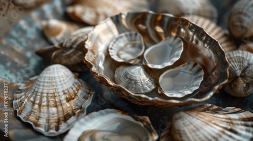 Golden seashells with intricate textures on a reflective surface photo