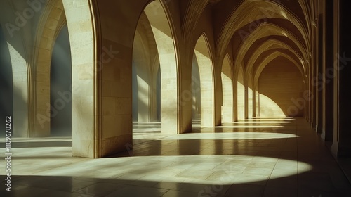 Soothing Light and Shadows in an Elegant Archway Hallway with Warm Stone Walls and Tall Arches Creating a Sense of Depth and Tranquility in a Serene Environment photo