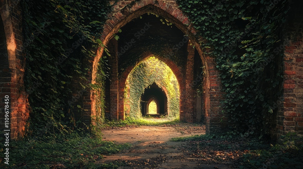 Obraz premium Enchanted Pathway Through Ivy-Covered Brick Arches Leading to Illuminated Portal in Abandoned Historical Site Surrounded by Lush Greenery and Nature's Embrace