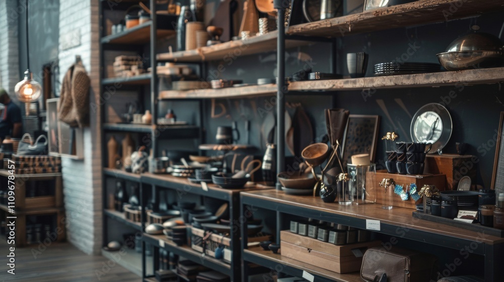 Rustic store interior with shelves of artisan goods Rustic store interior with shelves of artisan goods