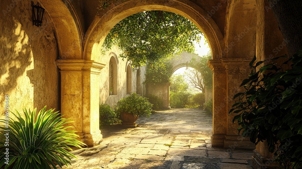 Fototapeta premium Serene Sunlit Pathway Through Arched Promenade Surrounded by Lush Greenery and Warm Stone Walls in a Quaint Historic Setting