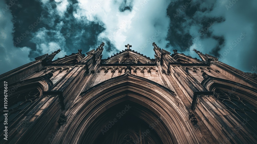 Fototapeta premium Gothic Architecture Against Dramatic Sky: Detailed View of Cathedral Facade with Intricate Spires and Cloudy Atmosphere Showcase Timelessness of Historical Structures